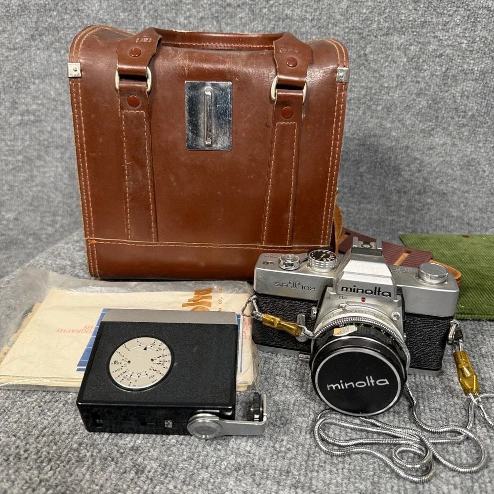 Minolta SR-T 102 Film Camera Black F:55M With Leather Bag 9.5X9X7 Japan